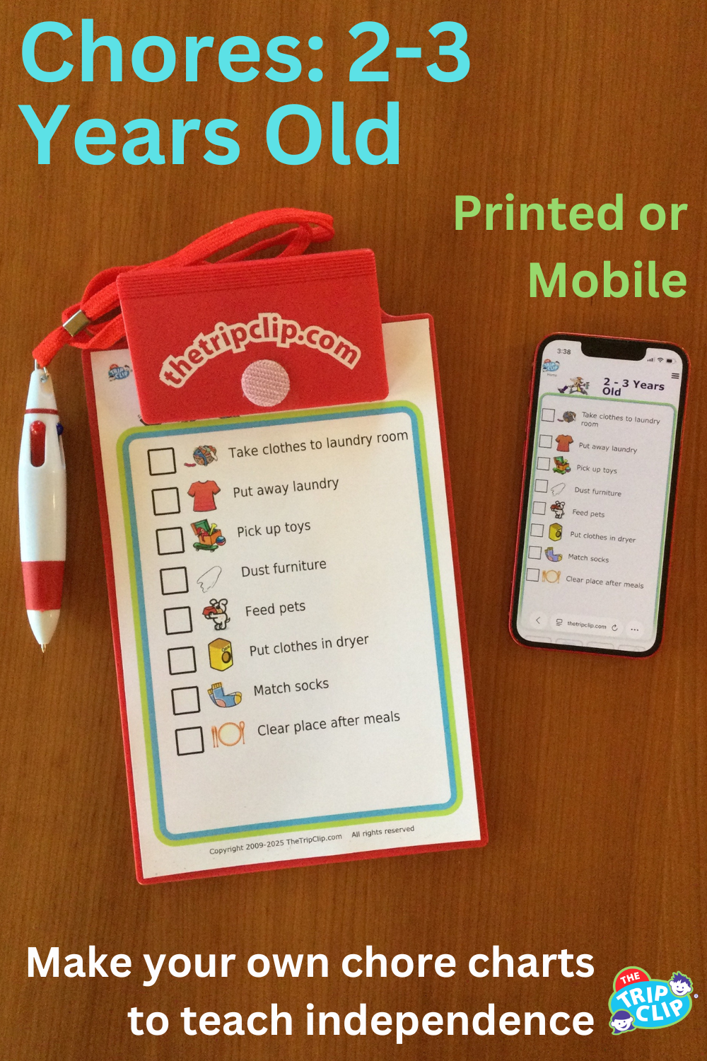 Picture checklist with chores appropriate for two to three year olds, shown on clipboard and iPhone