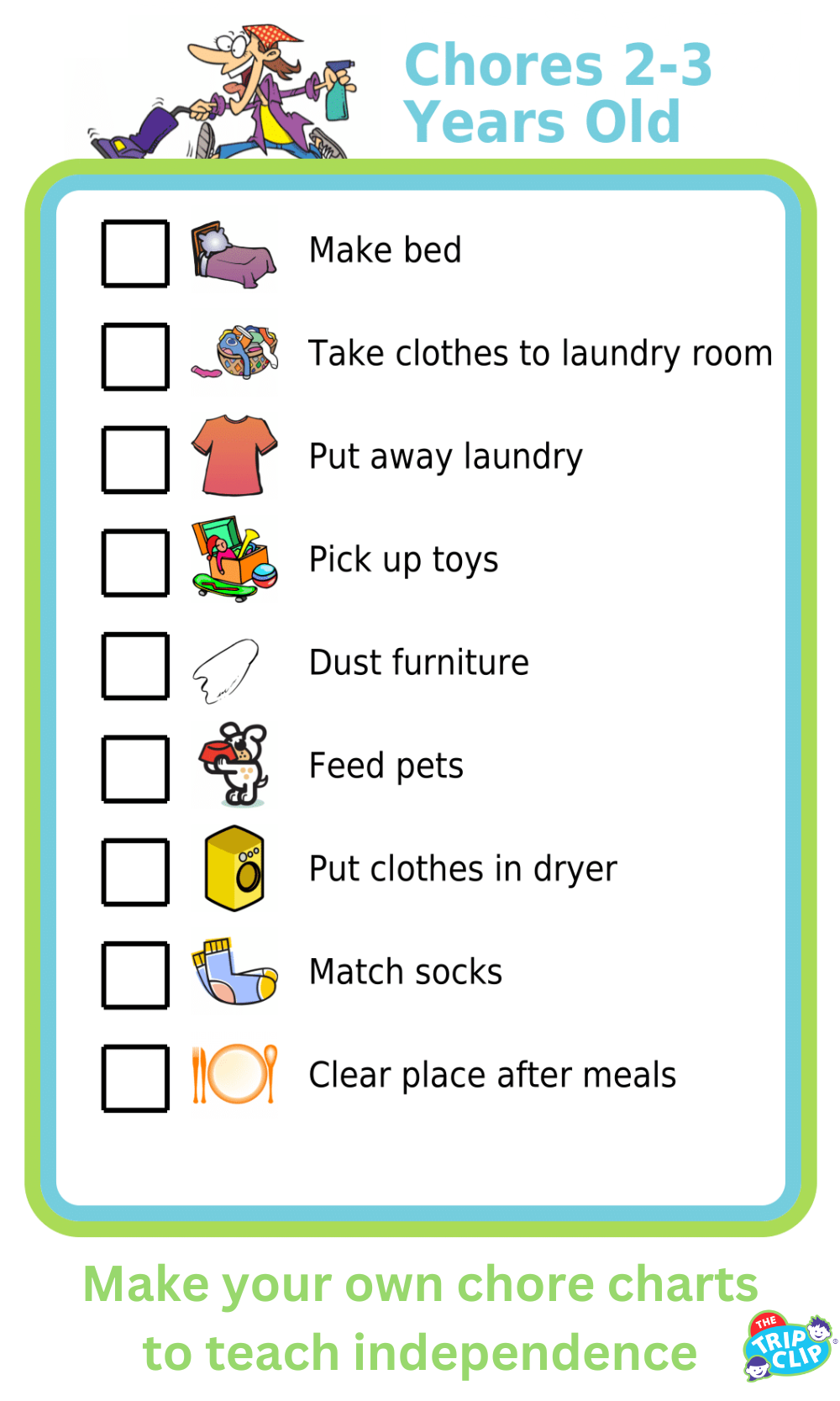 Picture checklist with chores appropriate for two to three year olds