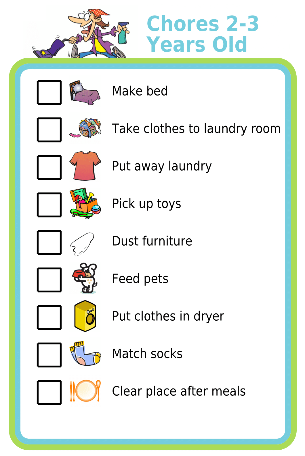 Picture checklist with chores appropriate for two to three year olds, shown on clipboard and iPhone