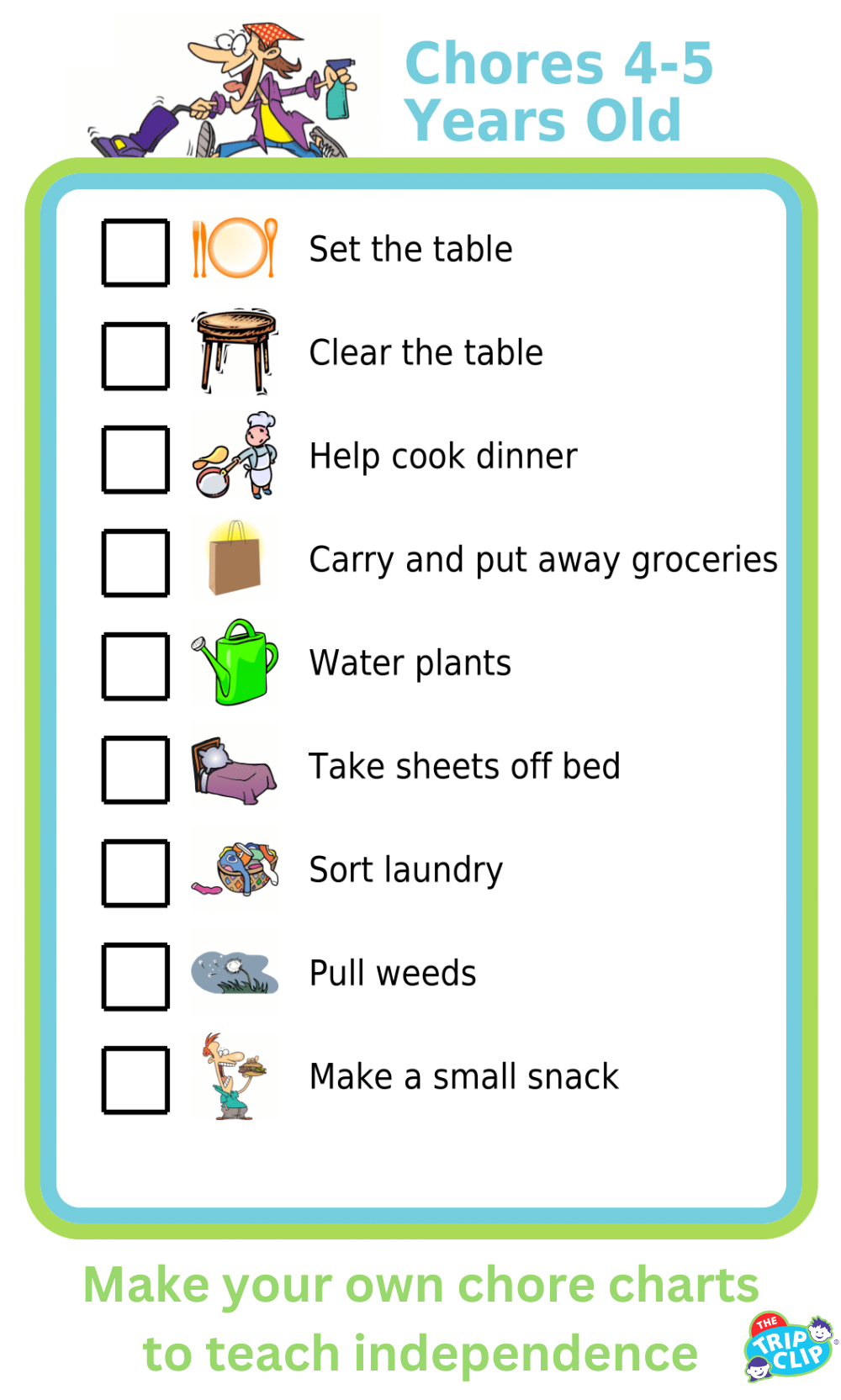 Picture checklist with chores appropriate for four to five year olds