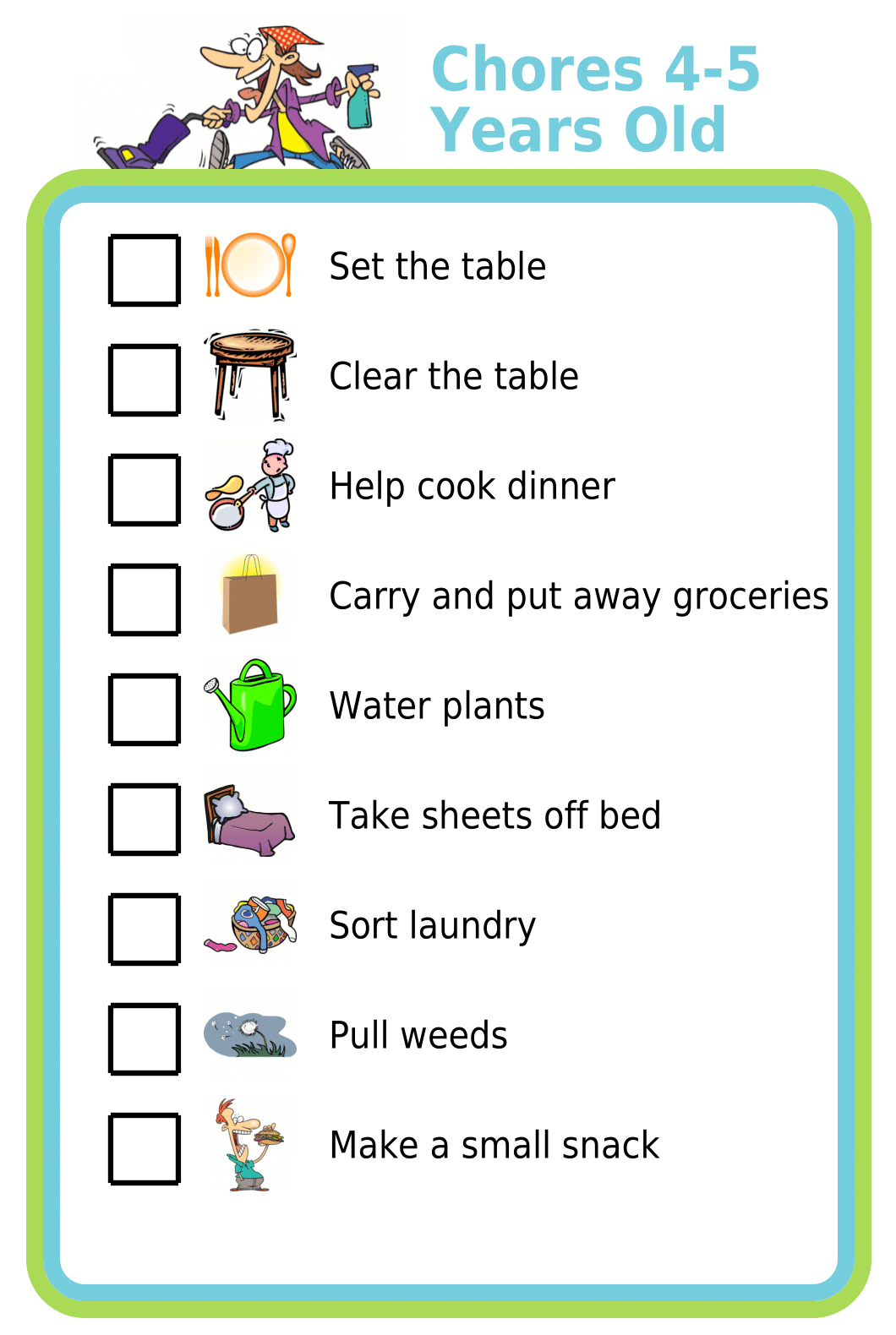 Picture checklist with chores appropriate for four to five year olds, shown on clipboard and iPhone