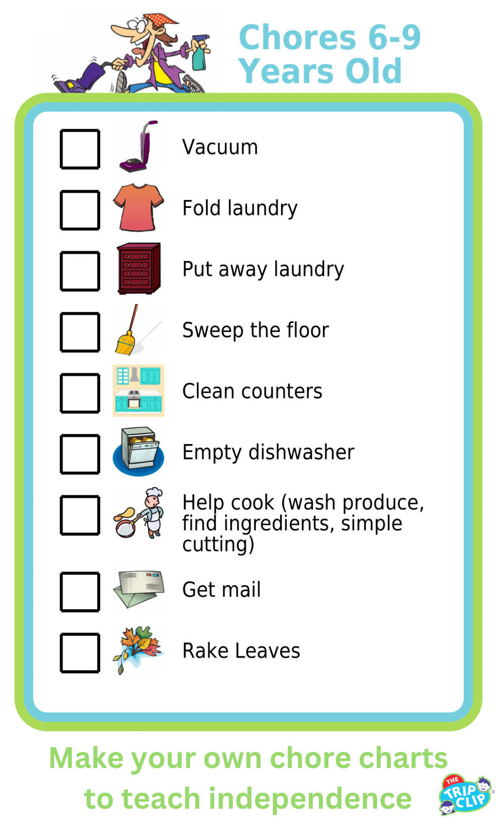 Picture checklist with chores appropriate for six to nine year olds