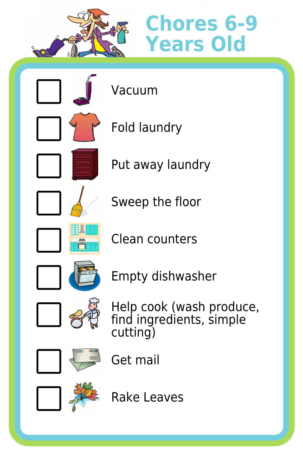 Picture checklist with chores appropriate for six to nine year olds, shown on clipboard and iPhone