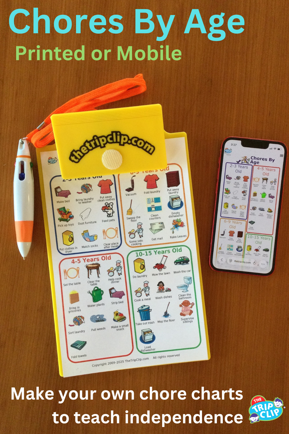 Picture list with chore suggestions kids ages 2 to 15, shown on clipboard and iPhone