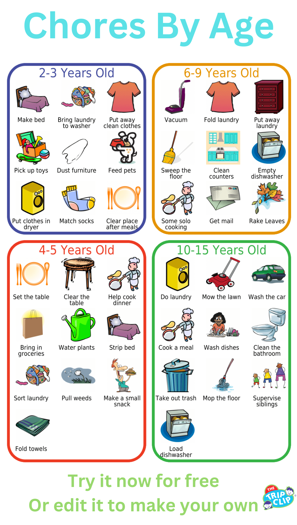 Picture list with chore suggestions kids ages 2 to 15