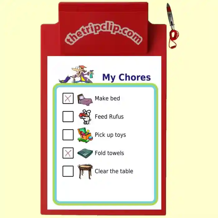 Printable picture chores checklist on a kid-sized clipboard with attached pen