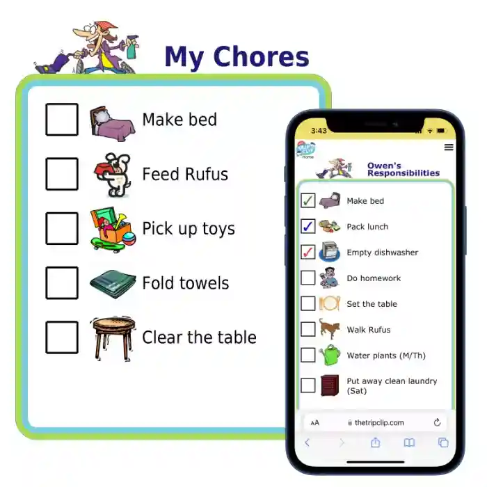 Printable picture chores checklist overlayed by picture checklist on an iPhone