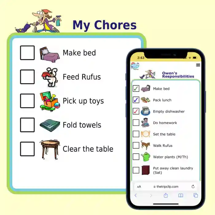 Printable picture chores checklist overlaid by picture list on iPhone