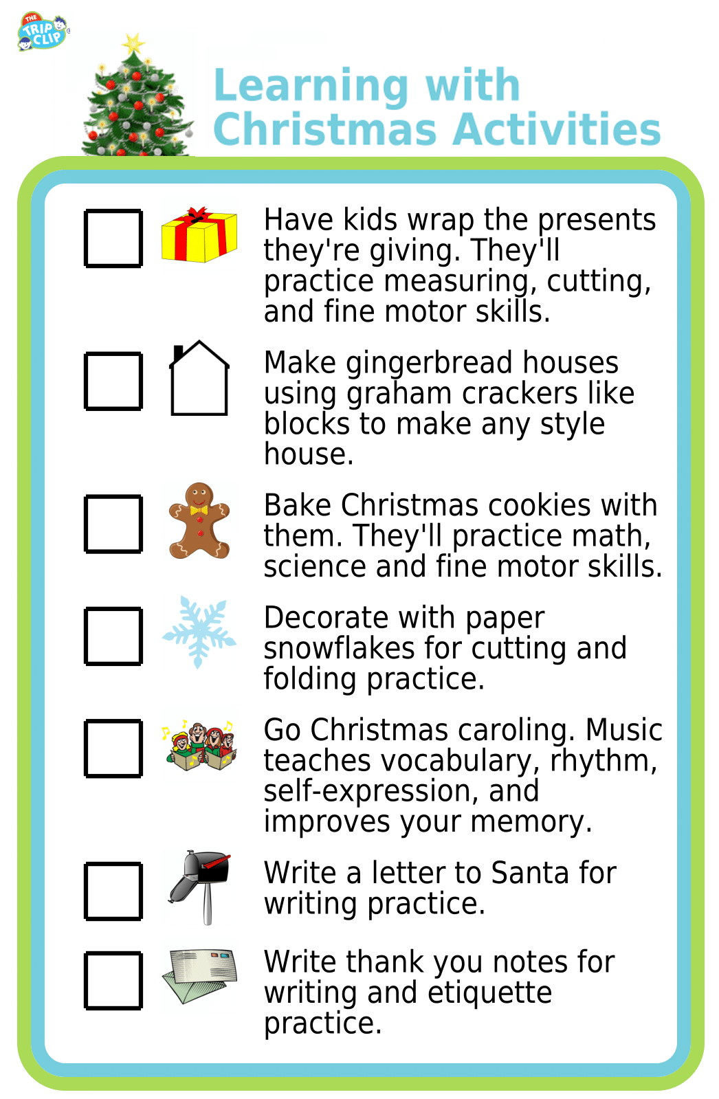 Picture checklist showing ways kids can learn from the holidays