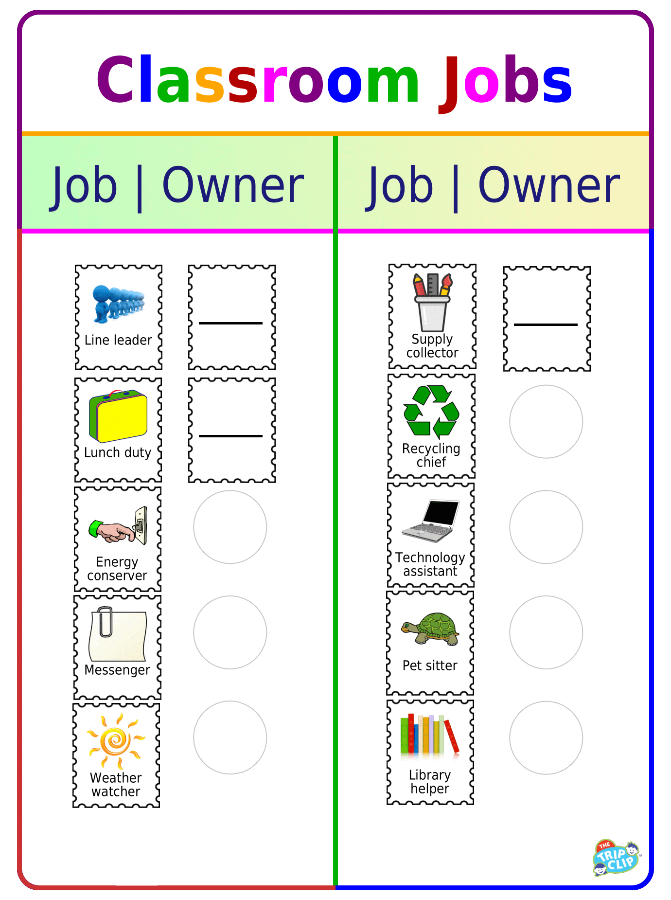 Classroom Jobs chart with 20 hook & loop job squares