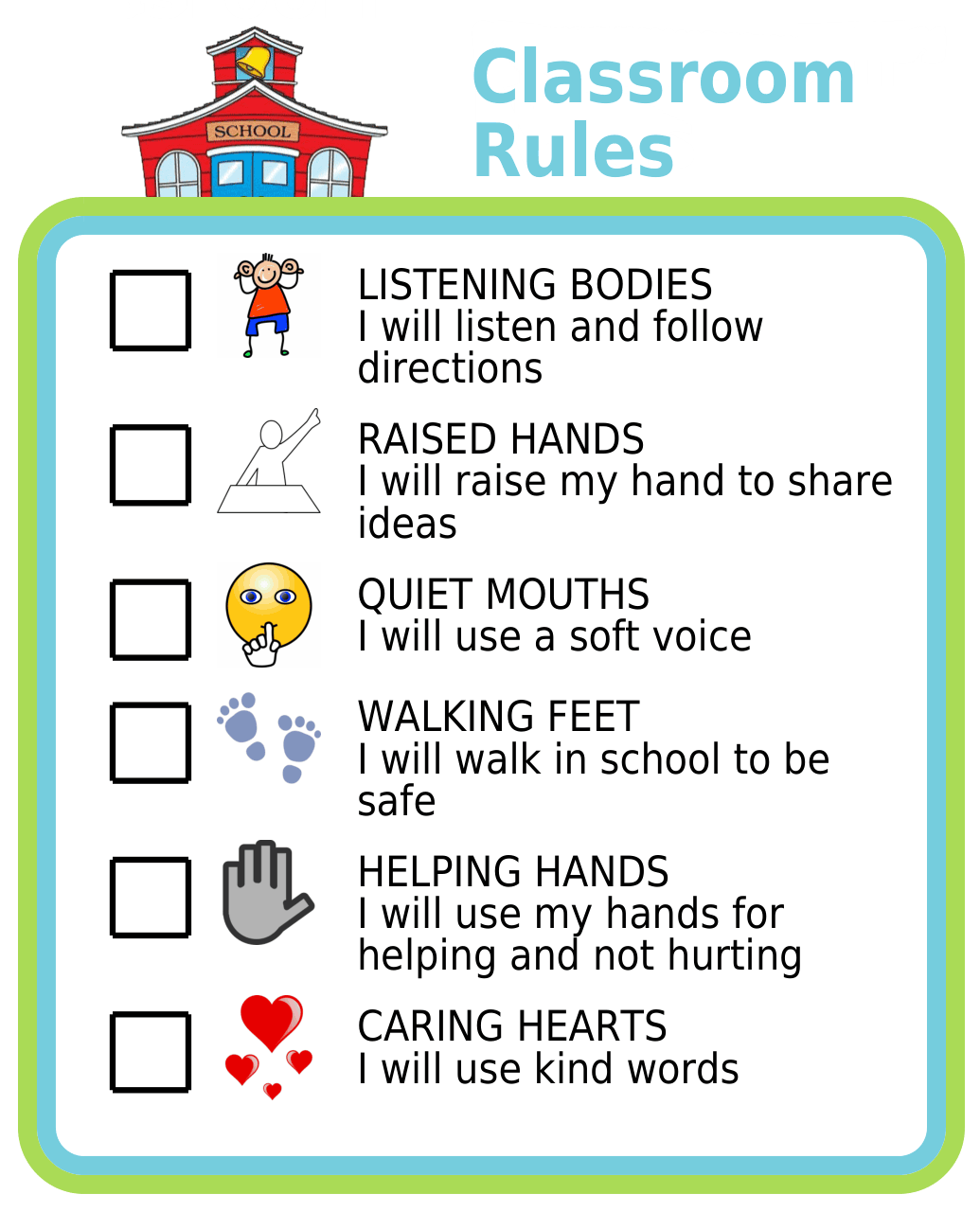 Picture checklist showing classroom rules