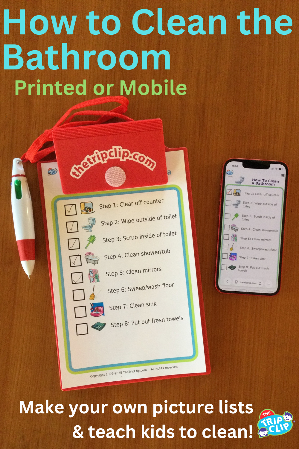 Picture checklists to teach a kid to clean a bathroom in 8 steps, shown on clipboard and iPhone