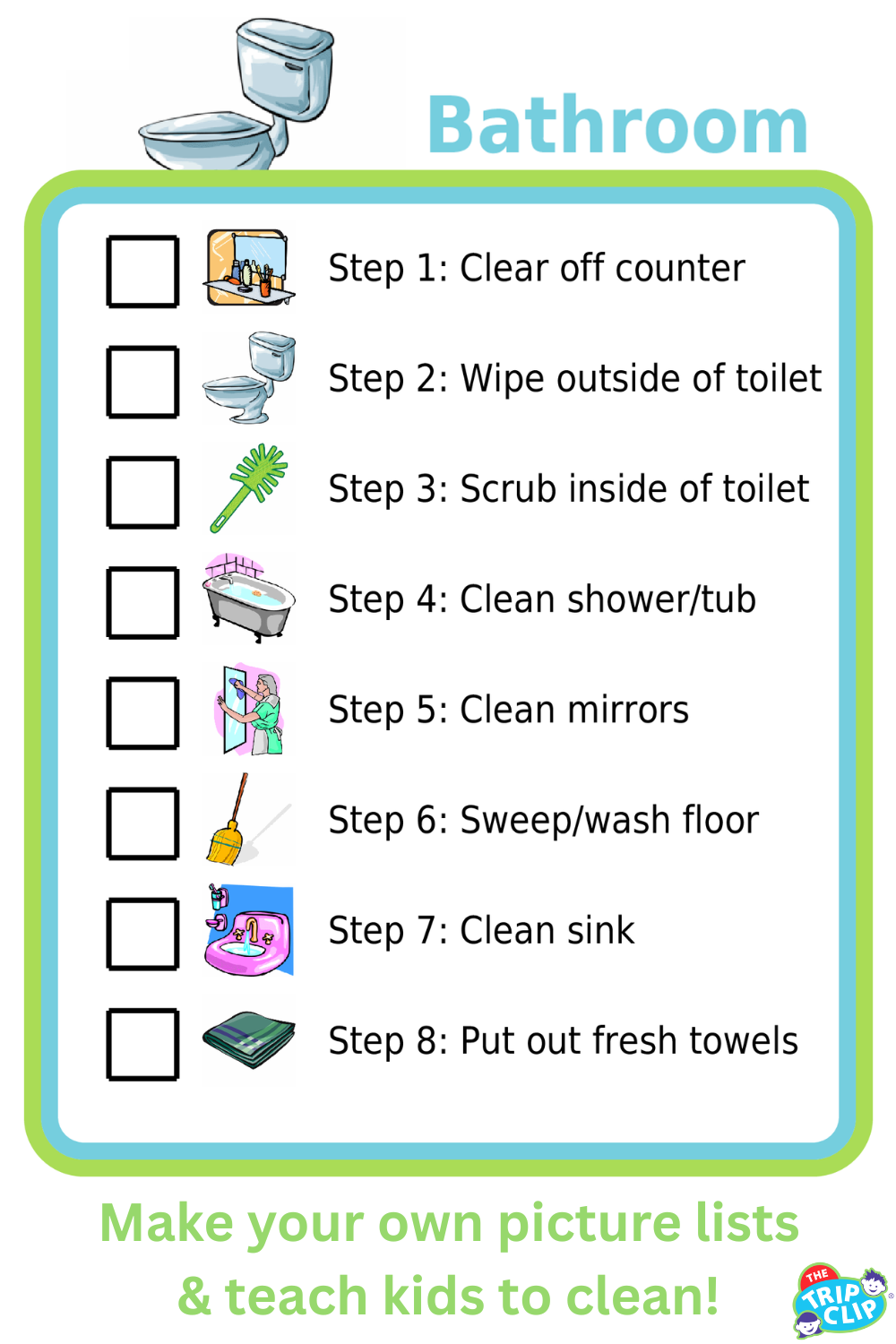 Picture checklists to teach a kid to clean a bathroom in 8 steps