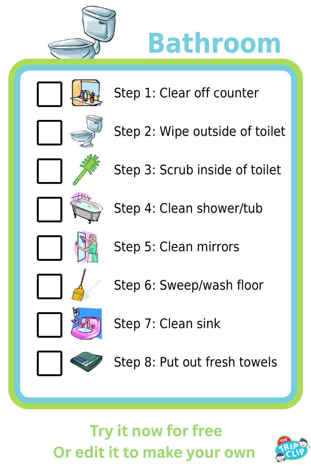 Picture checklists to teach a kid to clean a bathroom in 8 steps