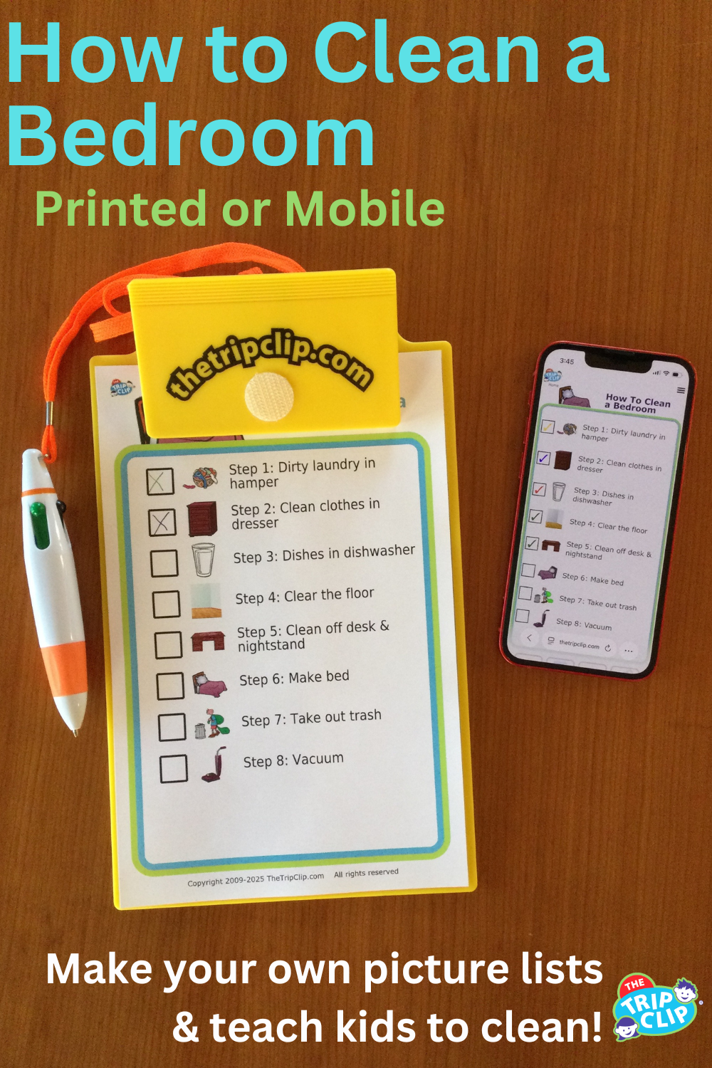 Picture checklists to teach a kid to clean a bedroom in 8 steps, shown on clipboard and iPhone
