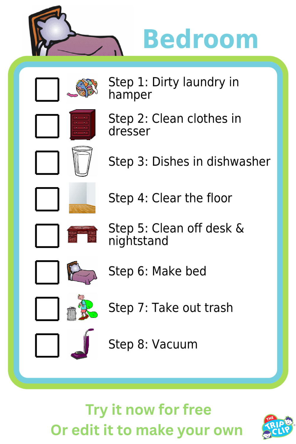 Picture checklists to teach a kid to clean a bedroom in 8 steps