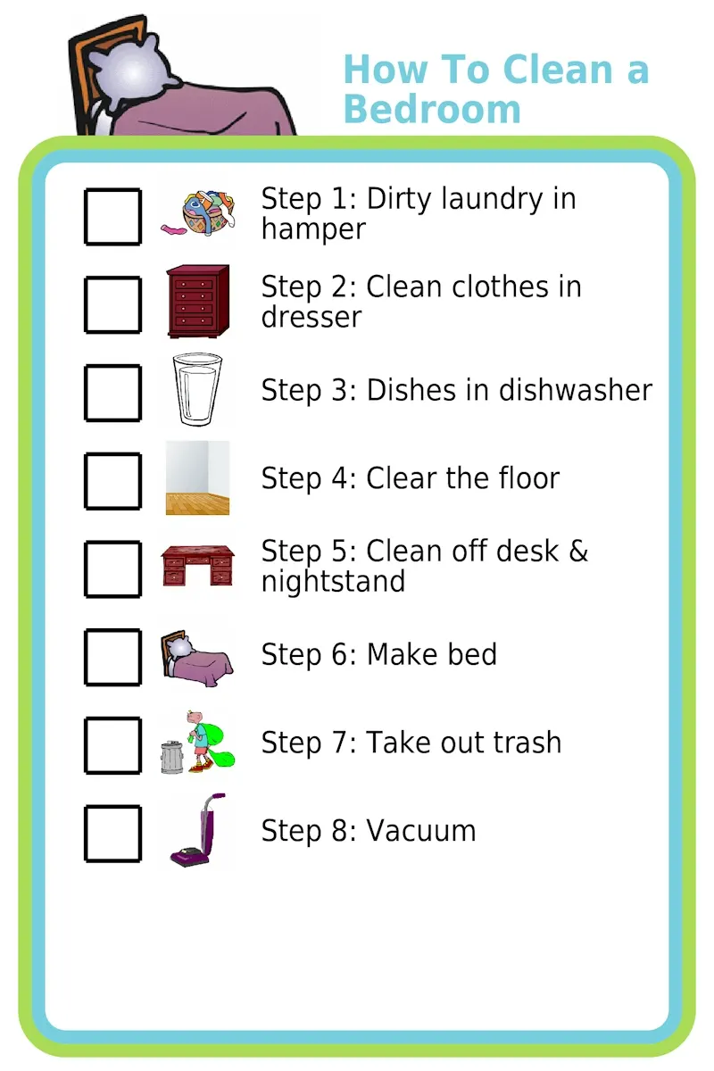 Picture checklists to teach a kid to clean a bedroom in 8 steps