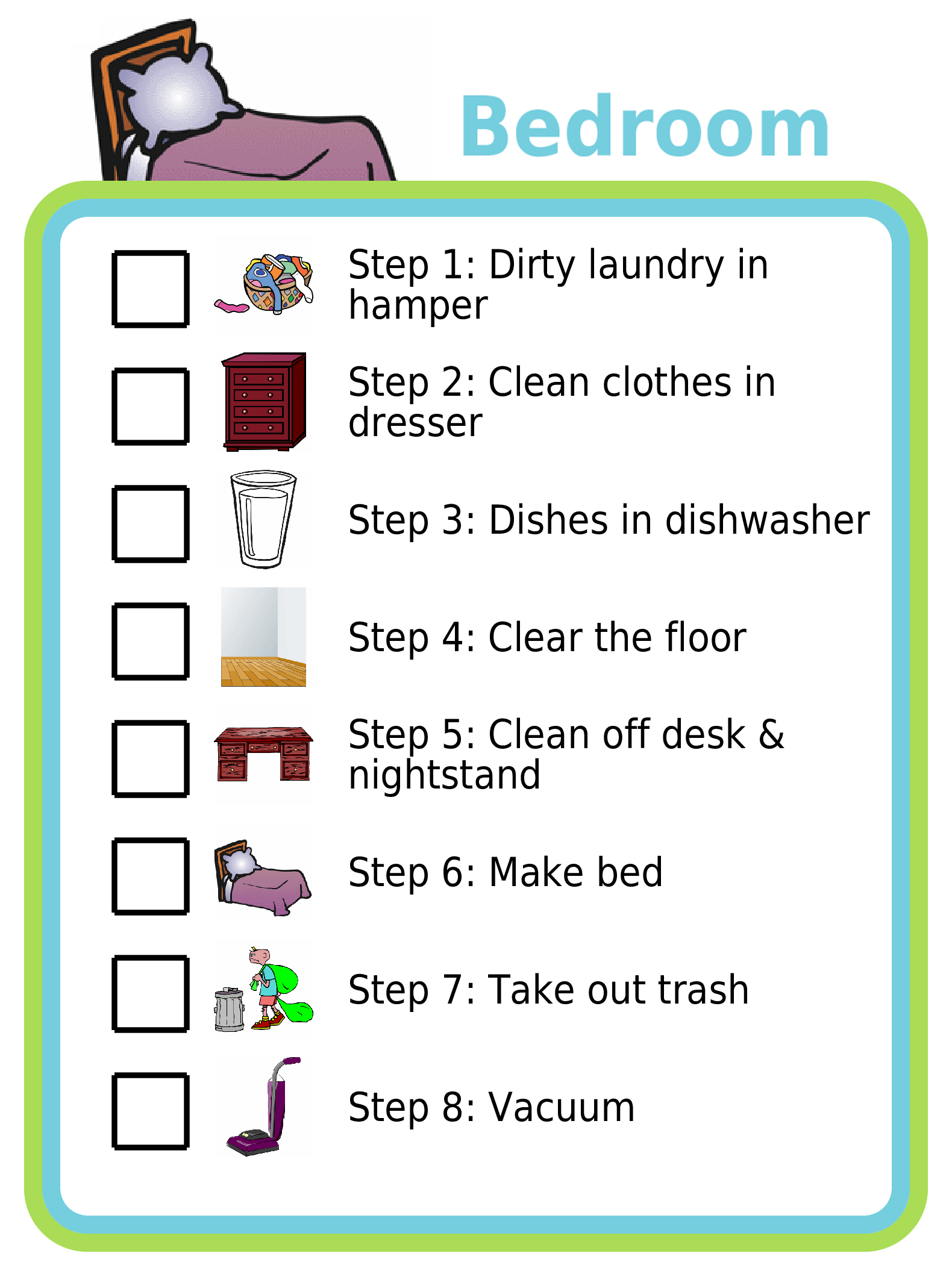 Picture checklists to teach a kid to clean a bedroom in 8 steps