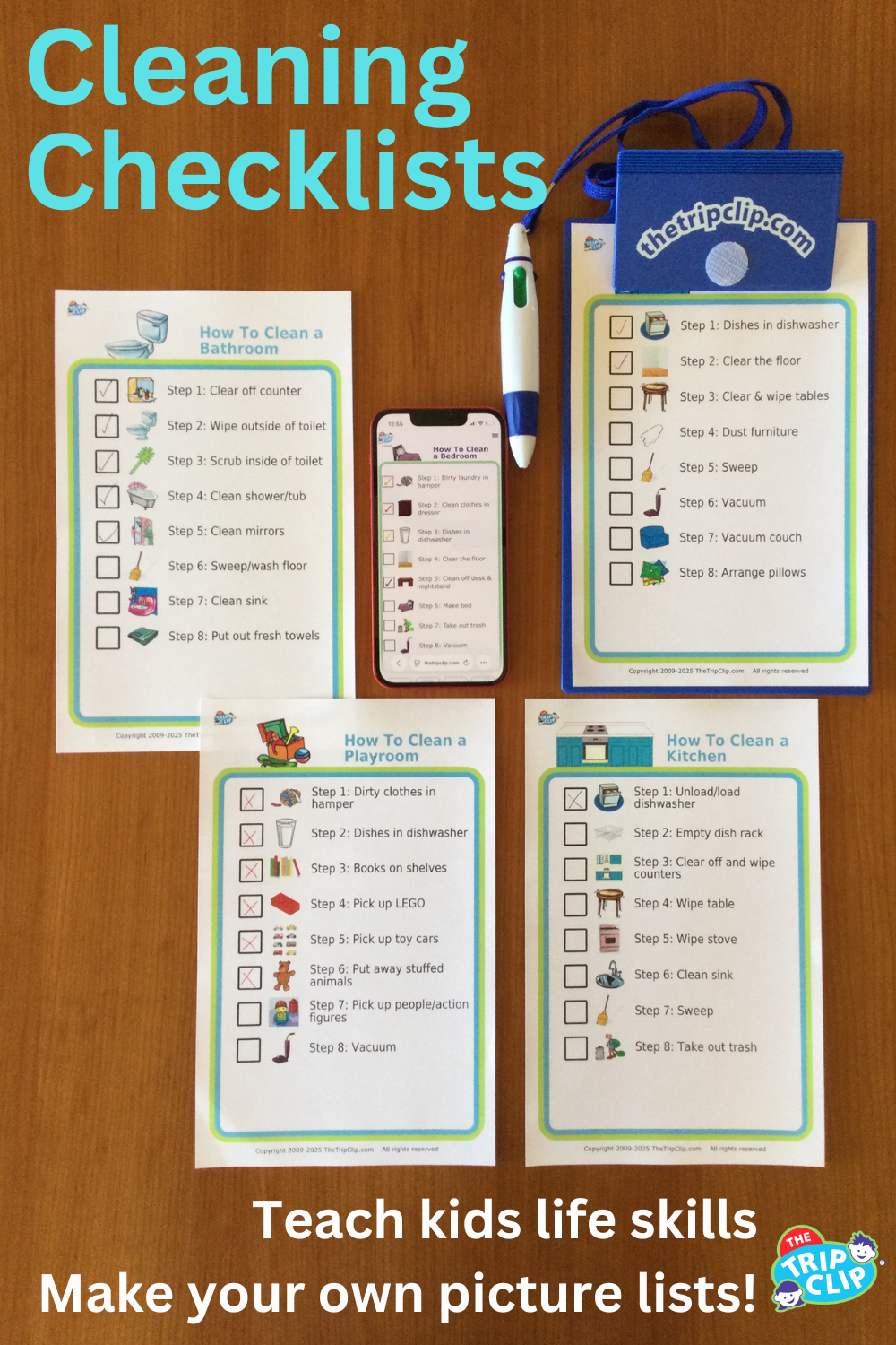 Picture checklists to teach a kid to clean any room in just 8 steps, shown on clipboard and iPhone
