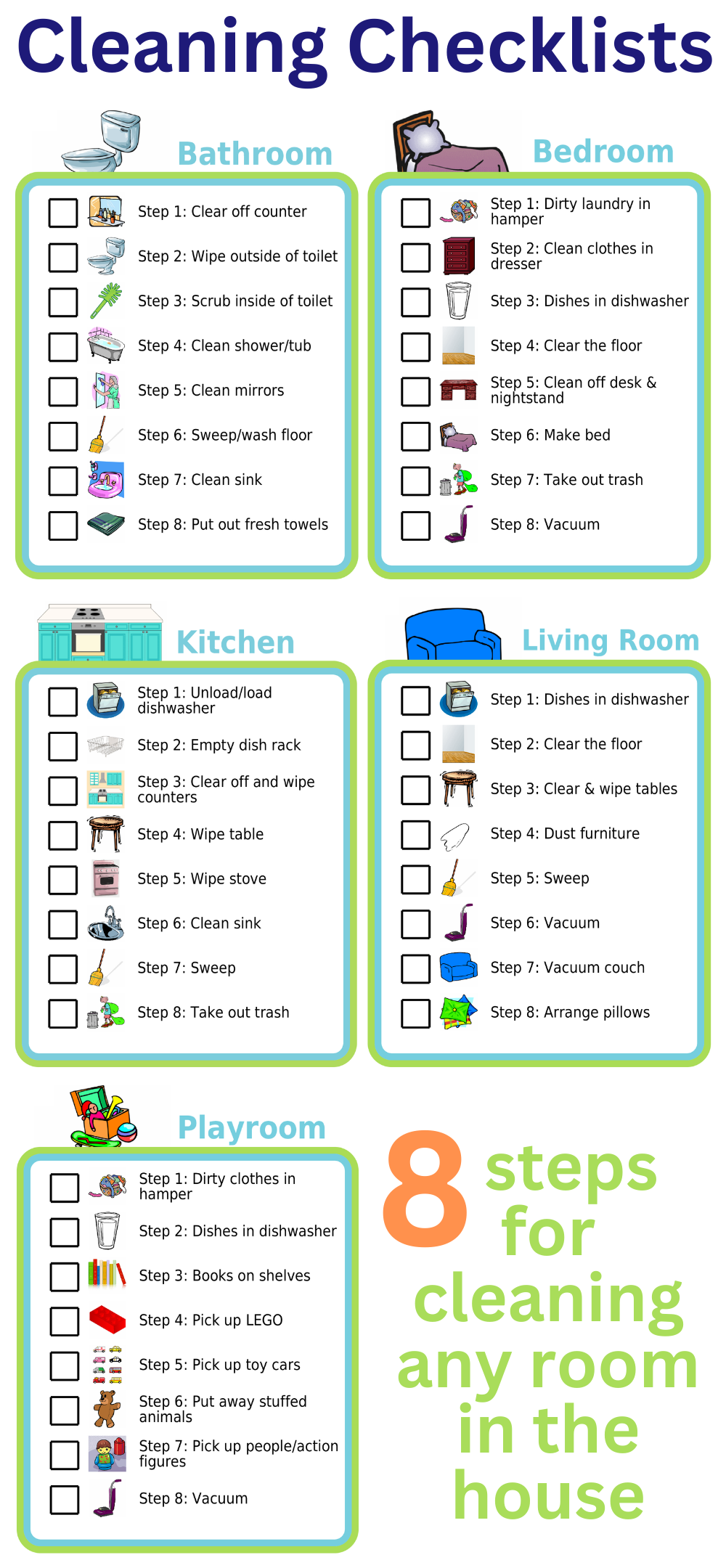 Picture checklists to teach a kid to clean any room in just 8 steps, shown on clipboard and iPhone