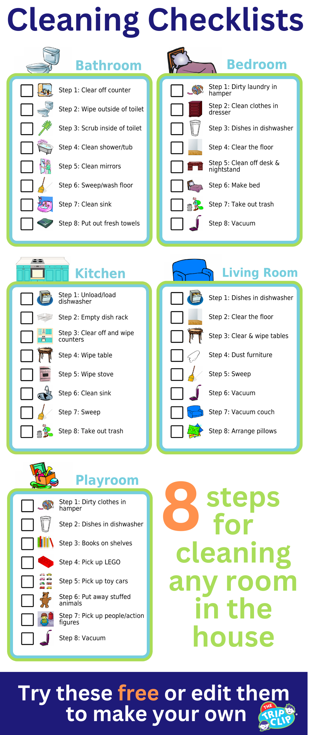 Picture checklists to teach a kid to clean any room in just 8 steps