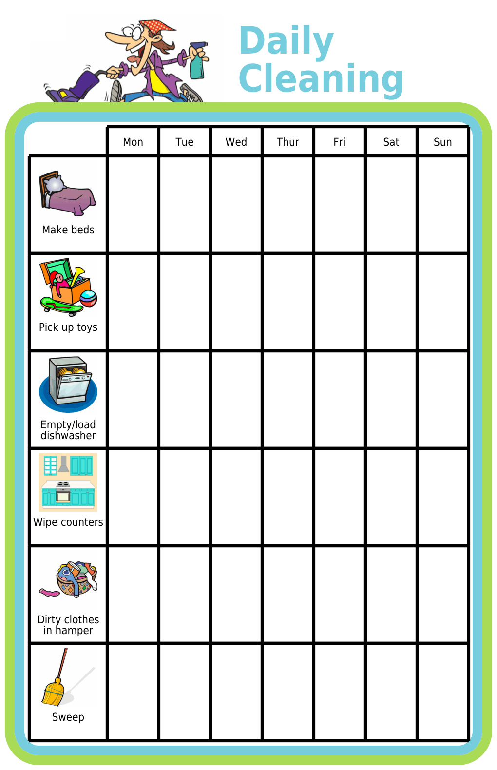 Picture checklist showing daily cleaning tasks