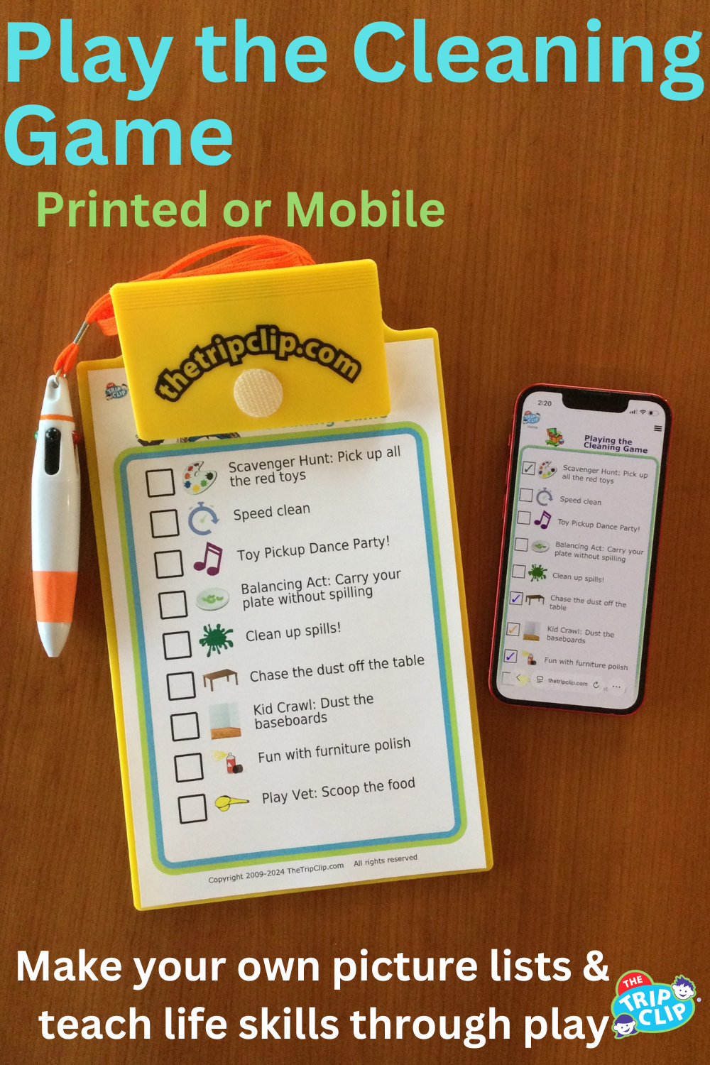 Picture checklist turning cleaning the house into a game, shown on clipboard and iPhone