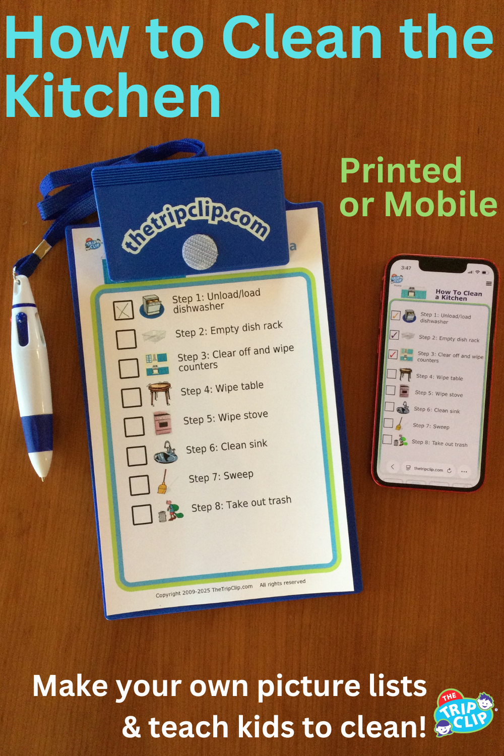 Picture checklists to teach a kid to clean a kitchen in 8 steps, shown on clipboard and iPhone