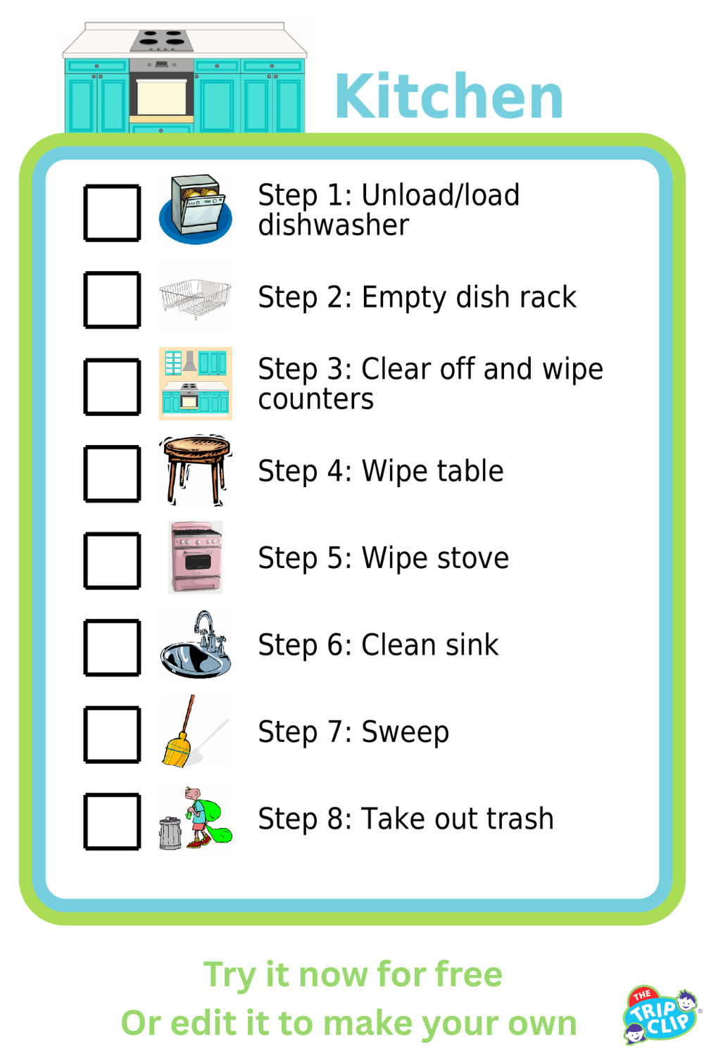 Picture checklists to teach a kid to clean a kitchen in 8 steps