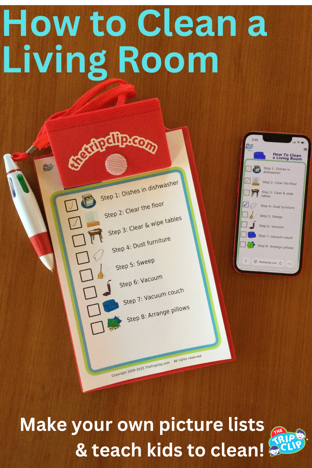 Picture checklists to teach kids to clean a living or dining room in 8 steps, shown on clipboard and iPhone