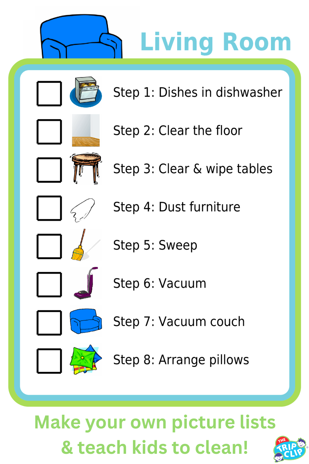 Picture checklists to teach kids to clean a living or dining room in 8 steps