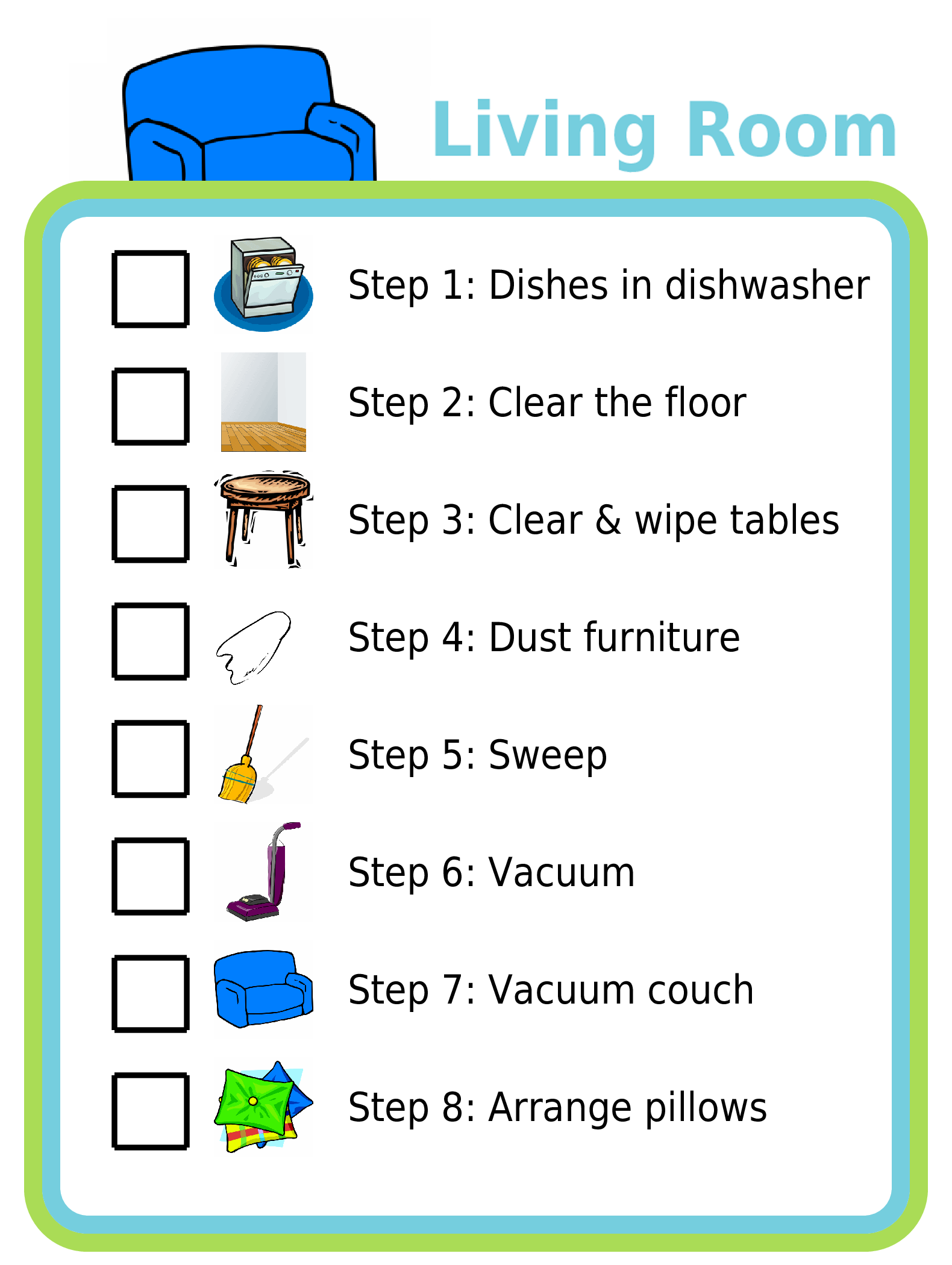 Picture checklists to teach kids to clean a living or dining room in 8 steps