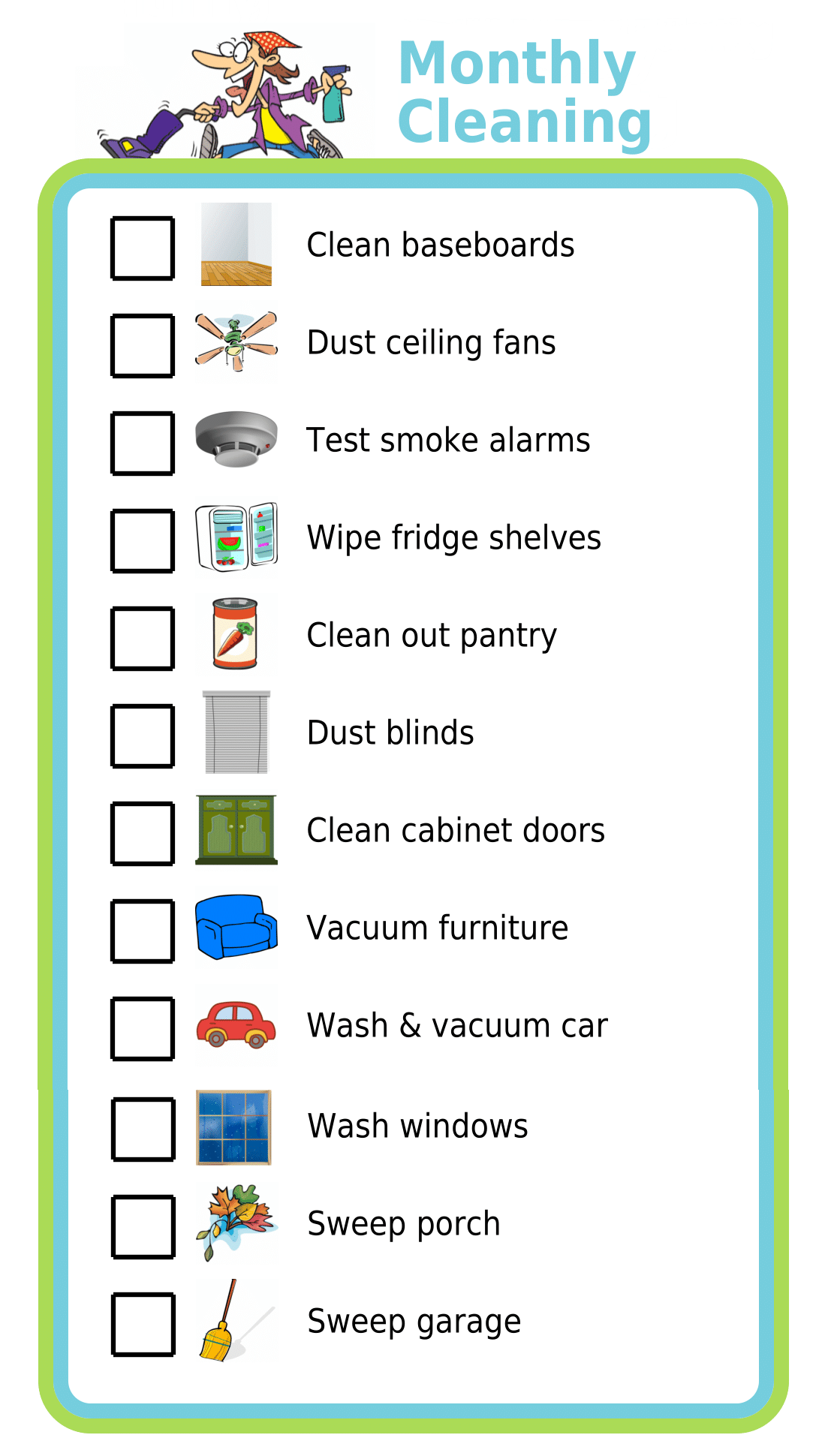Picture checklist showing monthly cleaning tasks