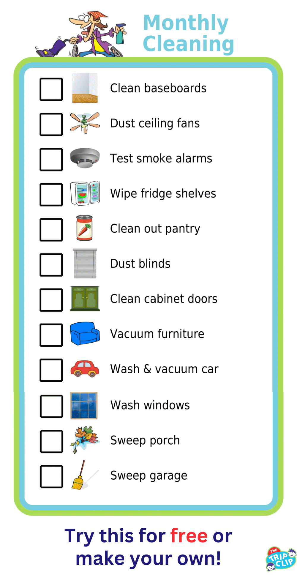 Picture checklist showing monthly cleaning tasks