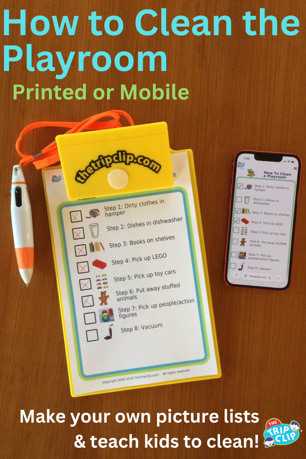 Picture checklists to teach a kid to clean a playroom in 8 steps, shown on clipboard and iPhone
