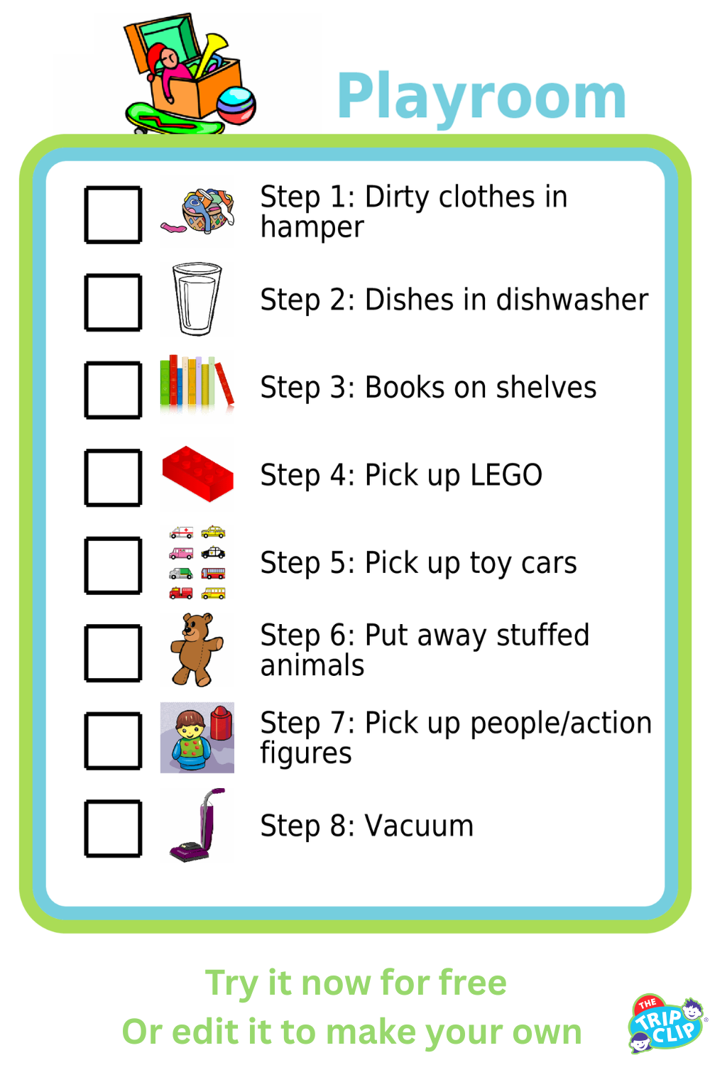 Picture checklists to teach a kid to clean a playroom in 8 steps