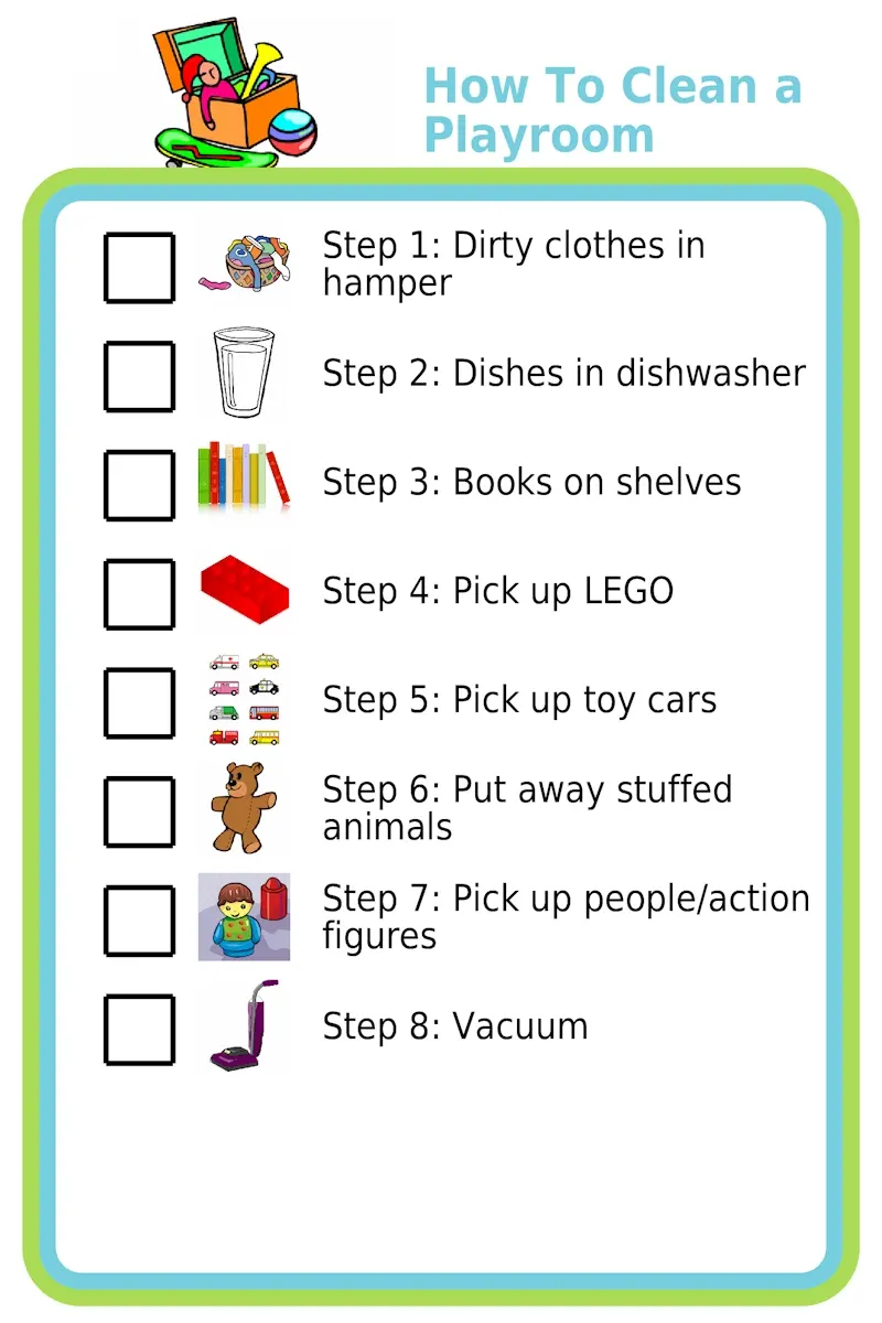Picture checklists to teach a kid to clean a playroom in 8 steps