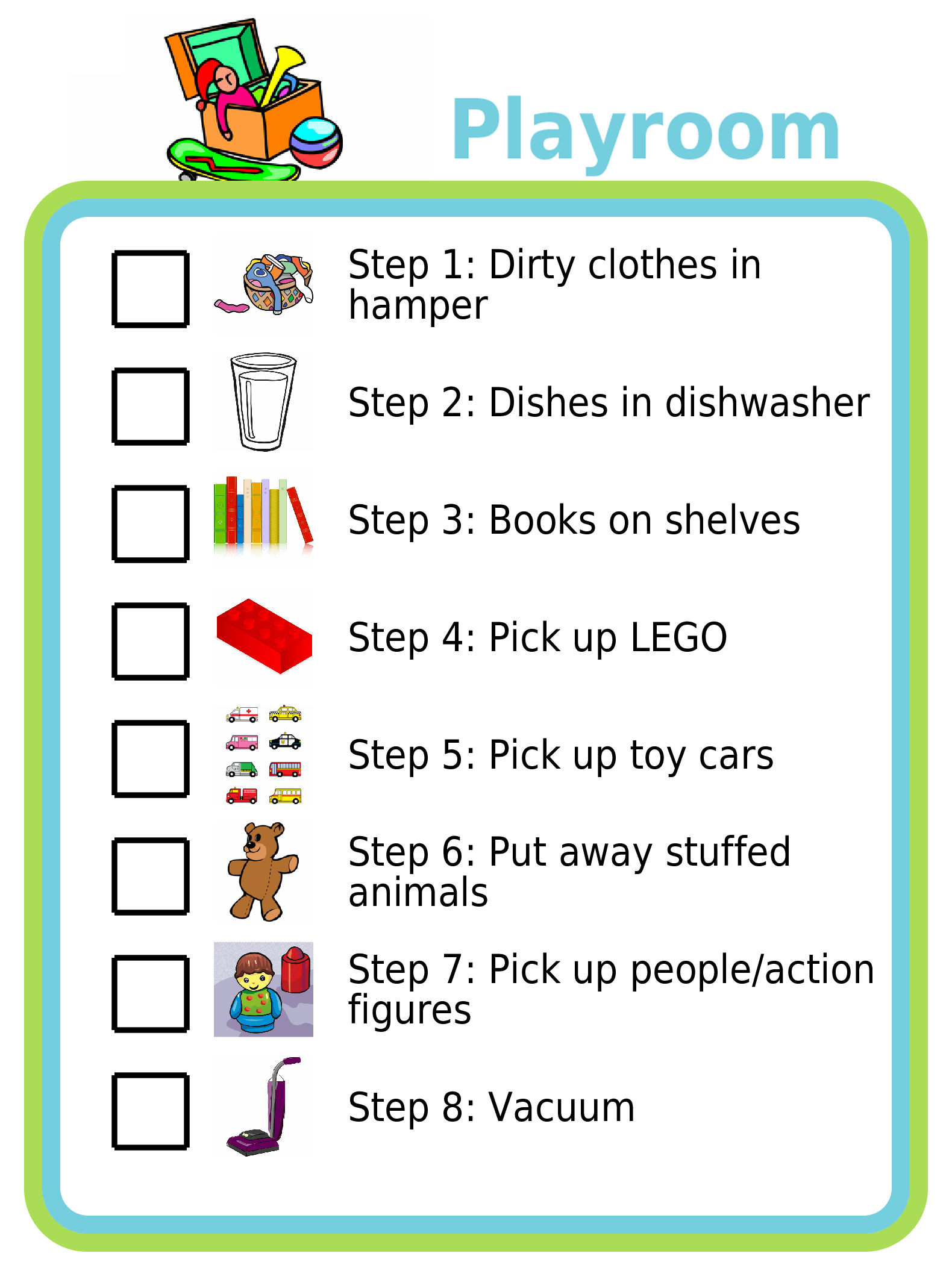 Picture checklists to teach a kid to clean a playroom in 8 steps