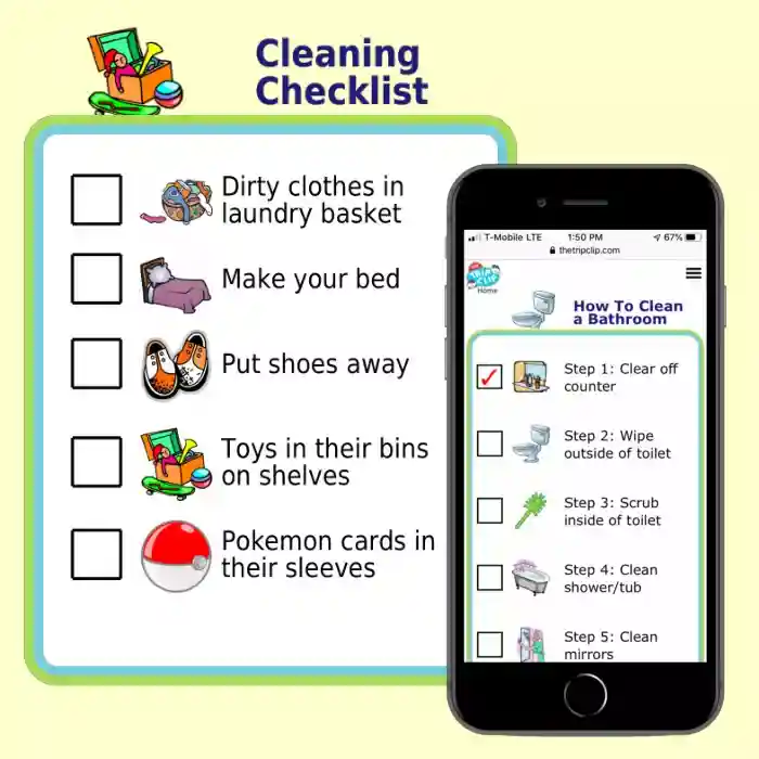 Printable picture cleaning checklist overlaid by picture list on iPhone