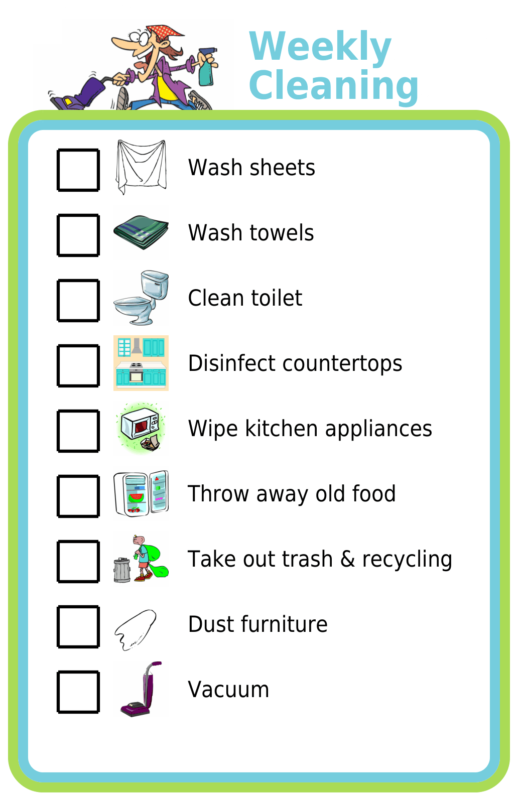 Picture checklist showing weekly cleaning tasks