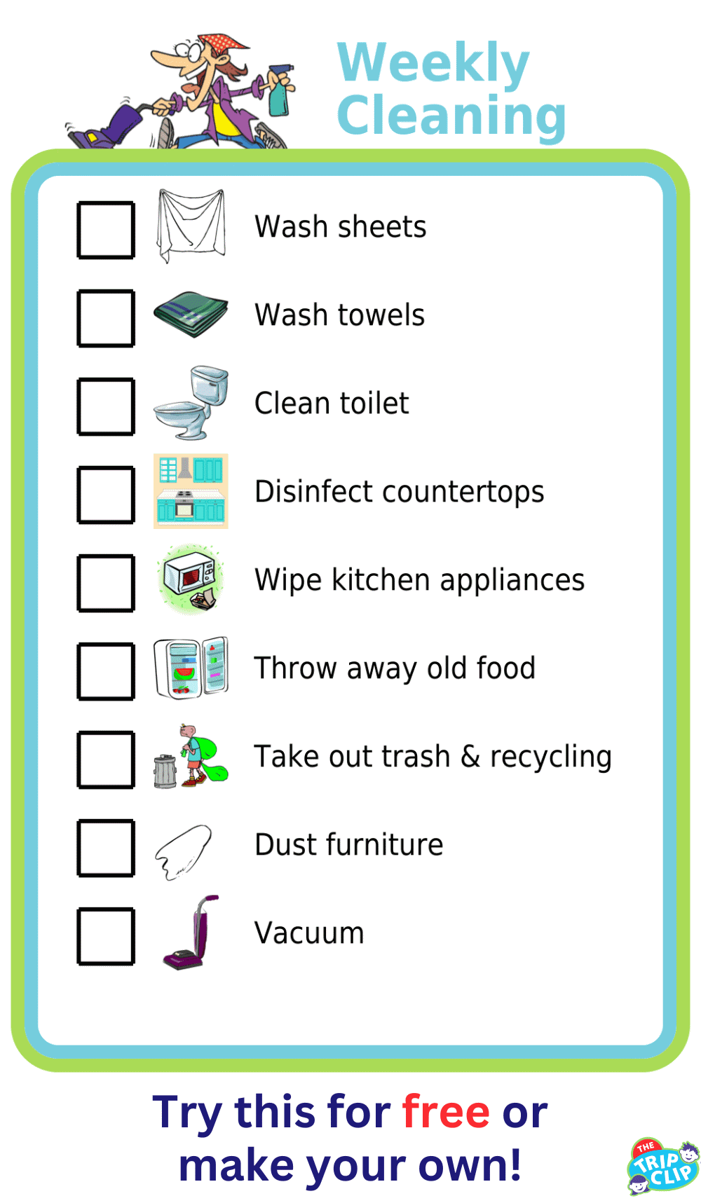 Picture checklist showing weekly cleaning tasks
