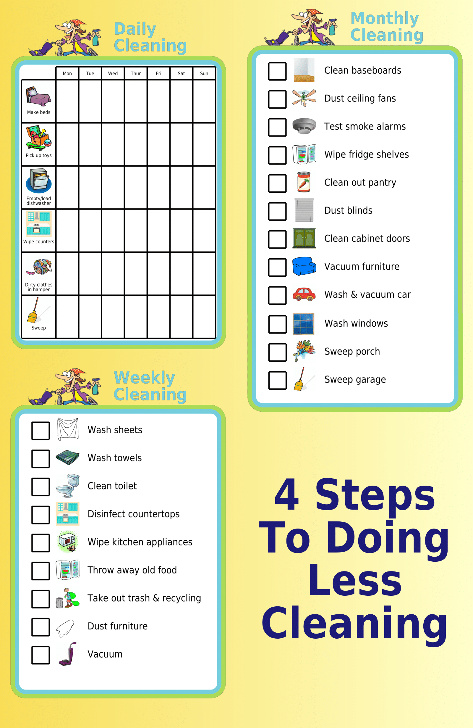 Checklists for daily cleaning, weekly cleaning, and monthly cleaning