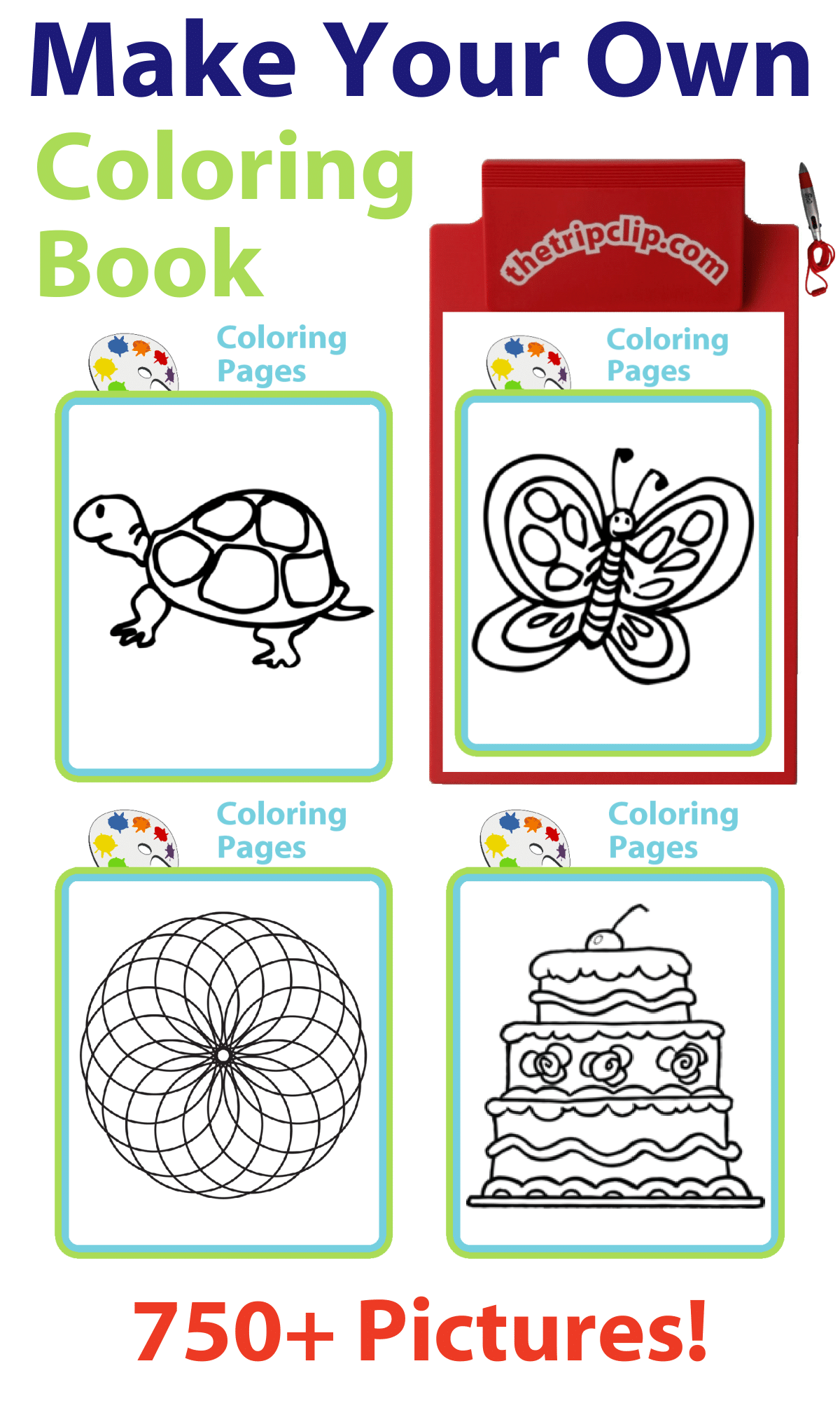 750+ Coloring pages for kids, including butterfly, turtle, boy in pajamas, cake, spiral, and kite
