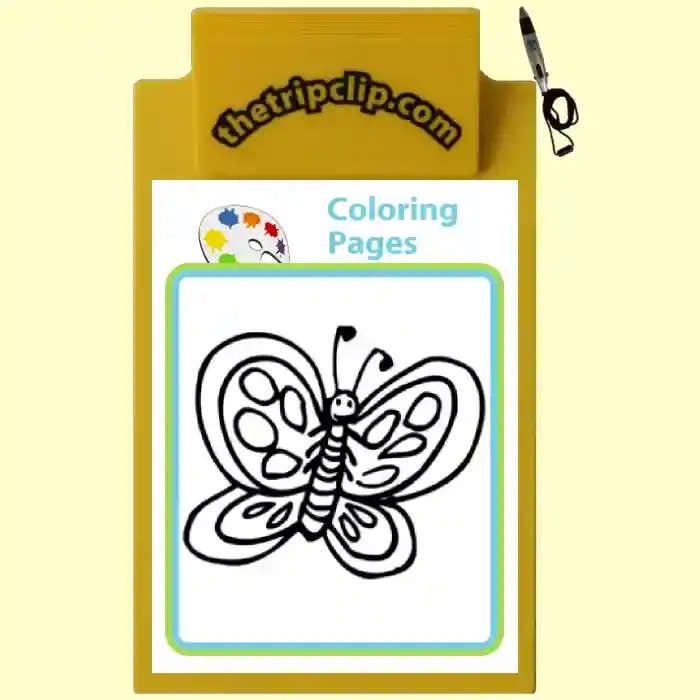 Printable coloring activity on a kid-sized clipboard with attached pen