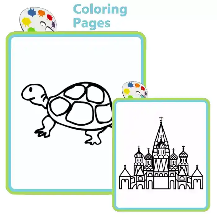 2 coloring pages: a turtle and a castle