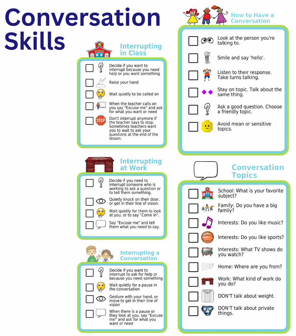 5 picture checklists that teach conversation skills, topic ideas, and how to interrupt