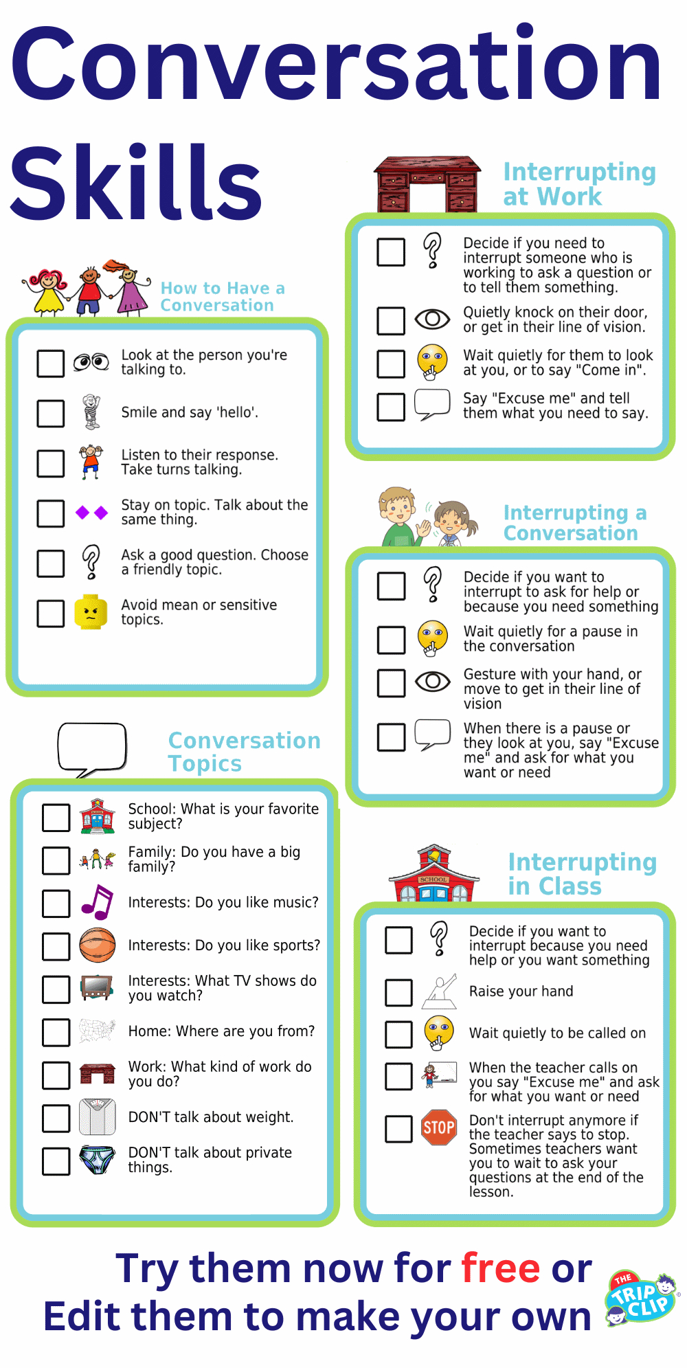 5 picture checklists that teach conversation skills, topic ideas, and how to interrupt