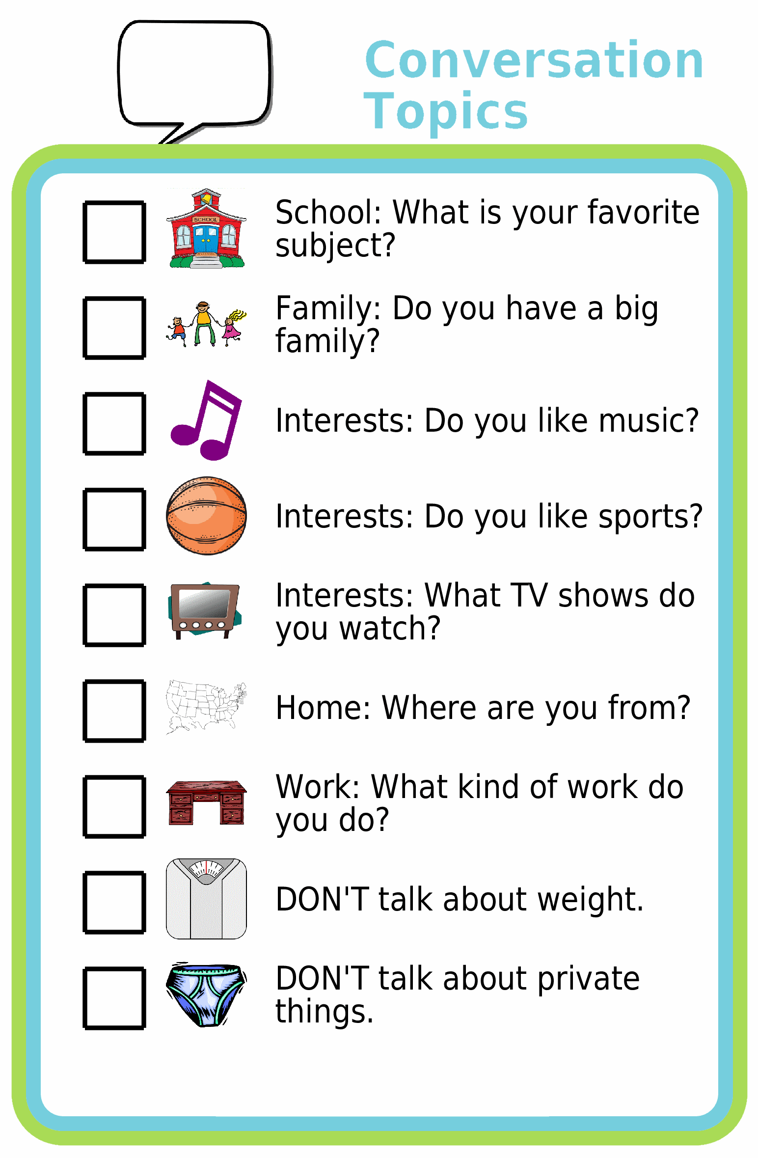 Picture checklists showing good convresation topics for special needs kids