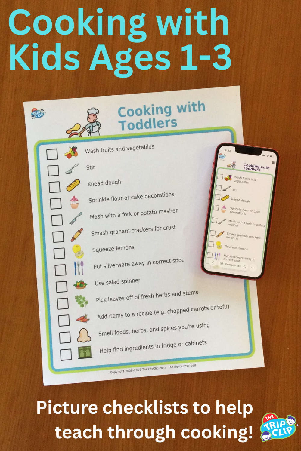 List with checkboxes and picture showing cooking tasks kids 1-3 can do, shown on clipboard and iPhone