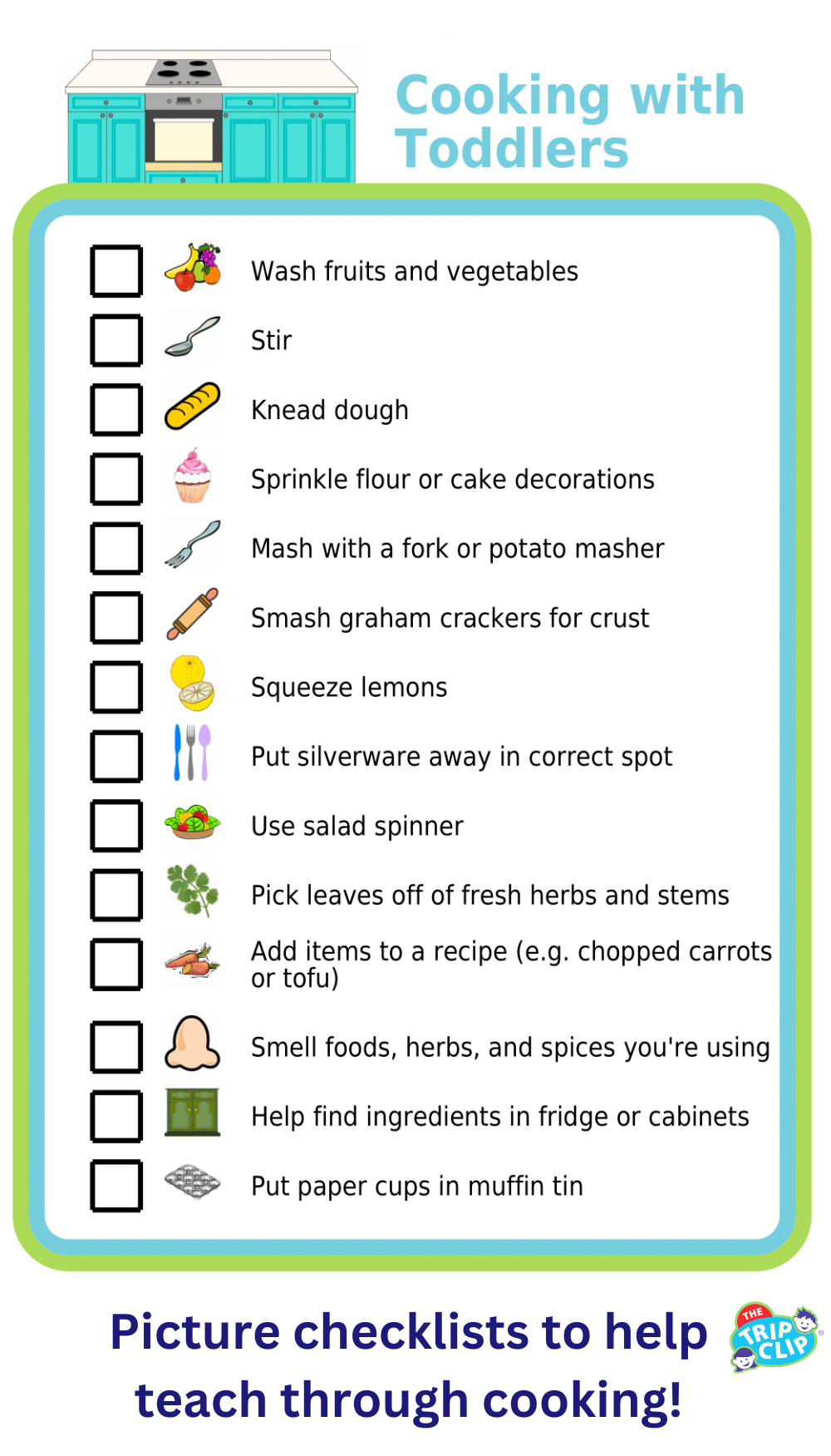 List with checkboxes and picture showing cooking tasks kids 1-3 can do